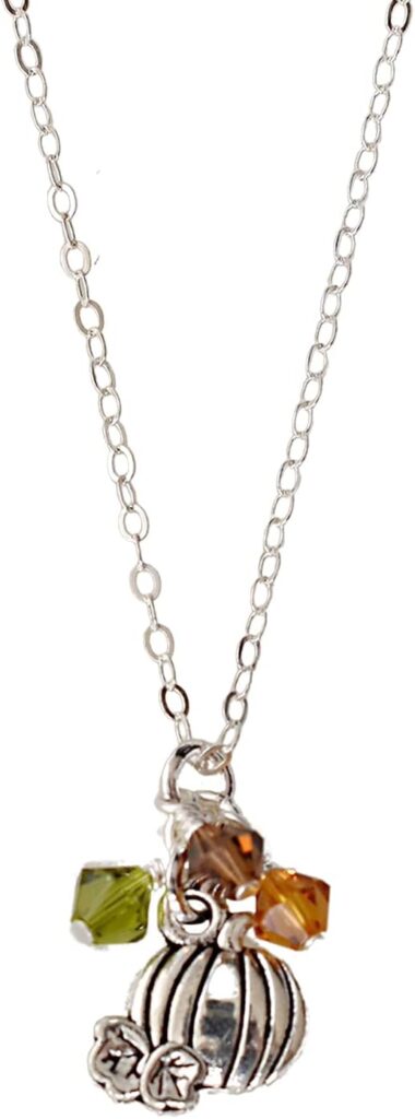 Designed by Stacey Handmade Tiny Pumpkin Pendant Necklace, Fall Colors Austrian Crystal, Jewelry Gifts for Women, September Birthday, Halloween, Wedding, Autumn, 16 to 18″ Adjustable Length