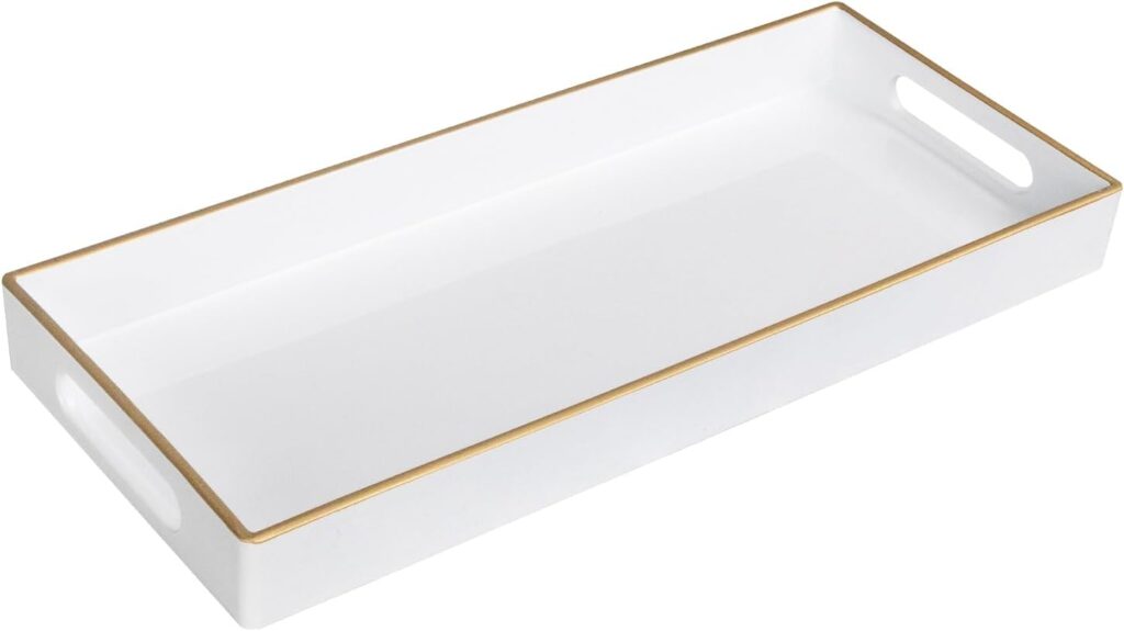MAONAME White Vanity Tray, Plastic Decorative Tray, Rectangular Trays with Handles, Narrow Bathroom Trays for Toilet Tank, 13.8″ X 6″ X 1.57″