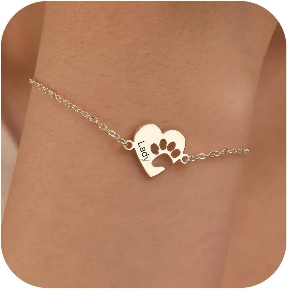 Personalized Dog Mom Gifts for Women Pet Name Bracelet with Heart Adjustable Pet Paw Gold Bracelets Memorial Gift for Pet Lover Birthday