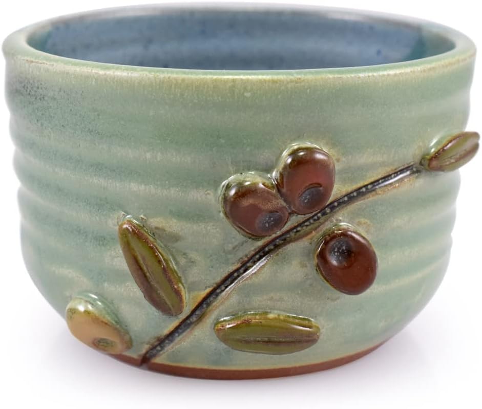 American Made Stoneware Pottery Dip Bowl, Mediterranean Olive Branch Motif