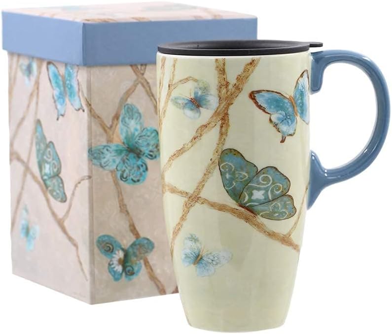 Topadorn Coffee Ceramic Mug Porcelain Latte Tea Cup With Lid 17oz,Novelty Coffee Mugs for Office & Home Blue