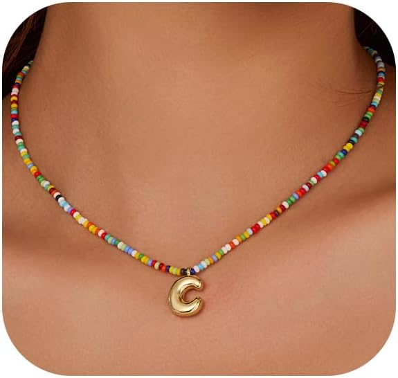 Initial Necklace for Women Cute Colorful Beaded Charm Necklaces Bohemian Colorful Letter Necklaces Personalized Bubble Necklace Trendy Choker for Women Jewelry Gift