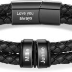 Personalized Custom Name Bracelets for Men – Mens Leather Bracelet with 2-6 Family Names,Customized Bracelet Father’s Day Dad Gifts for Husband Son