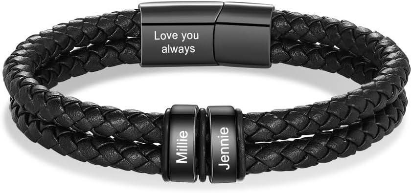 Personalized Custom Name Bracelets for Men – Mens Leather Bracelet with 2-6 Family Names,Customized Bracelet Father’s Day Dad Gifts for Husband Son