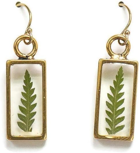 Fern Real Leaf Earrings Floral Handmade Jewelry for Women 14k Gold Filled Ear Wire, 1 inch Drop Length