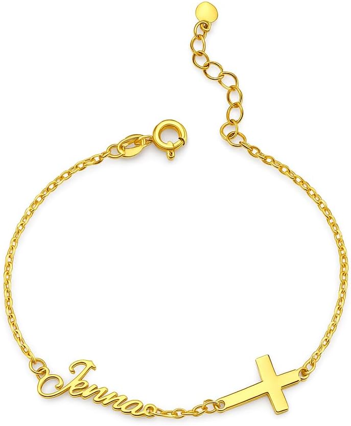 Cross Name Bracelet Personalized Faith Inspired Christian Jewelry Religious Bracelet with Cross Charm Custom Name First Communion Gift for Women Adjustable Chain Bracelets for Confirmation Baptism