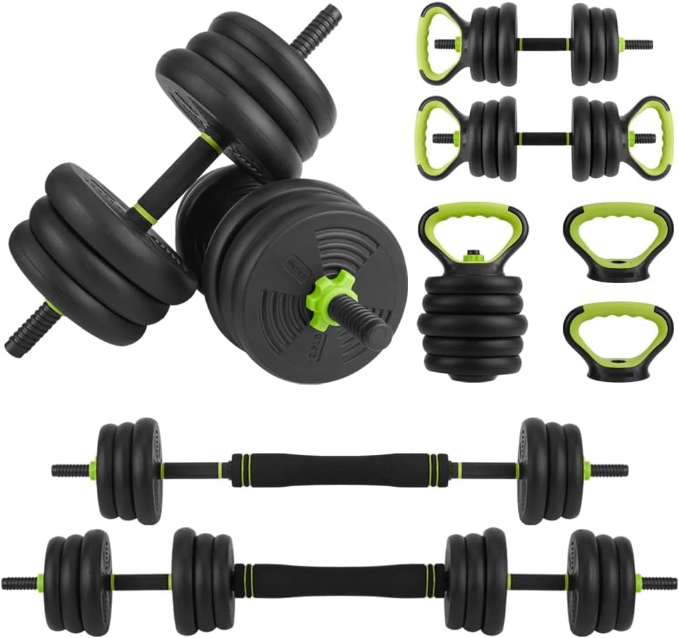 Adjustable Dumbbell Set, 30/44/66/88Lbs Free Weight Set with Connector, 4 In1 Dumbbells Set Used As Barbell, Kettlebells, Push Up Stand,Green and Black