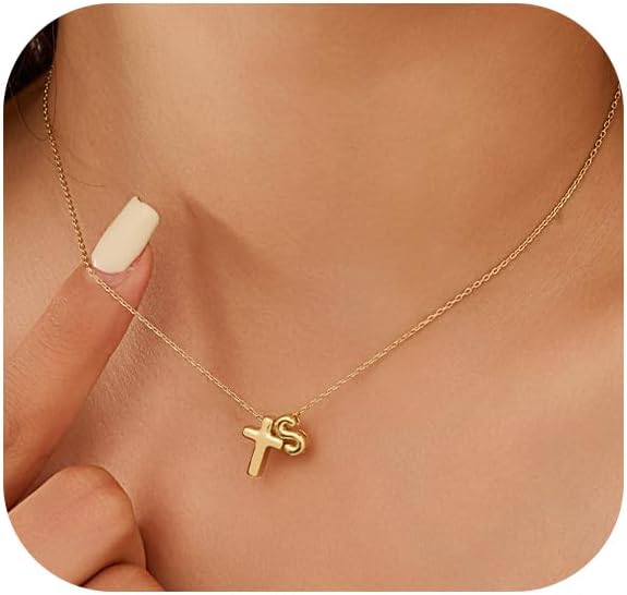 Cross Initial Necklace for Women 14K Gold Plated A-Z Bubble Letter Necklace Dainty Tiny Cross Necklace Personalized Name Initial Necklace for Women Jewelry Gift