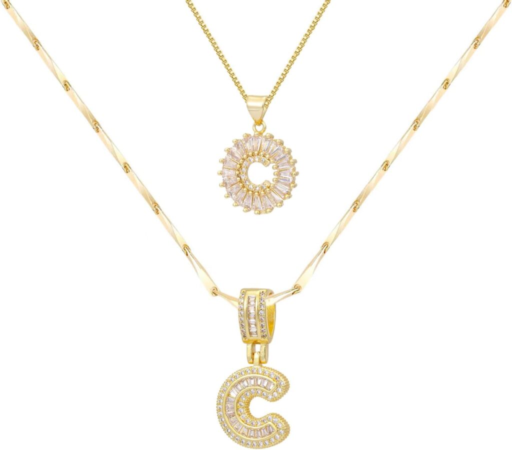 Gold/Silver Letter Necklace for Women,14K Gold Plated Initial Necklaces,Personalized Custom Name Jewelry,Initials Pendent Necklace for Couple,2PCS Trendy Dainty Bling Necklace for Birthdays Christmas