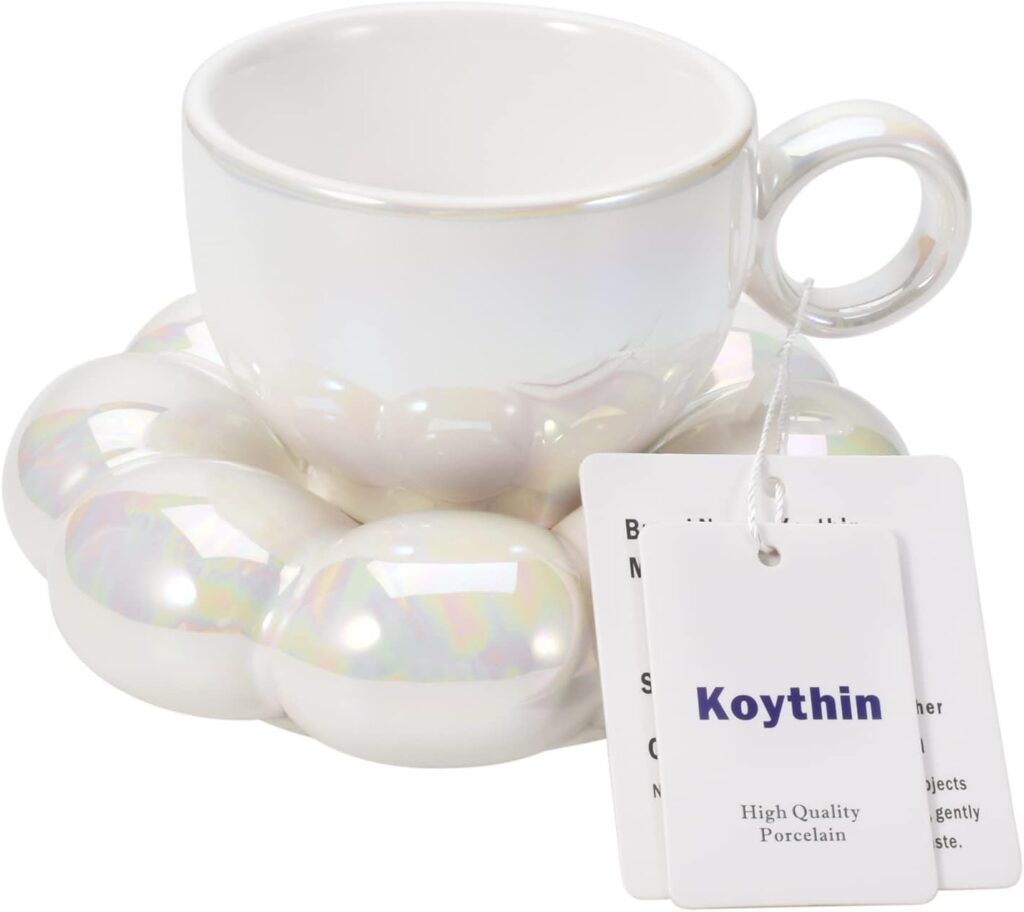 Koythin Ceramic Coffee Mug with Saucer Set, Creative Cute Cup with Sunflower Coaster for Office and Home, 6.5 oz/200 ml for Tea Latte Milk (Pearl White)