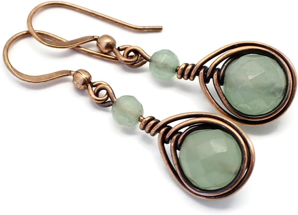 Pillar of Salt Studio Handcrafted Solid Copper Earrings with Green Aventurine Gemstone (Antiqued Copper, 1″ drop)
