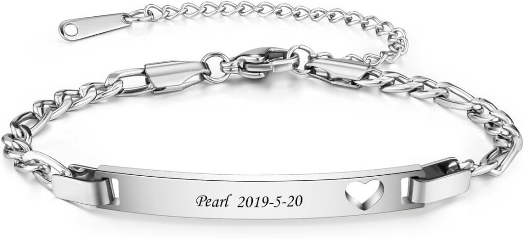 Zysta Personalized Custom ID Name Bracelet Nameplate Date Engraved Stainless Steel Heart Bracelet Best Friend Customized Bridesmaid Wedding Graduation Birthday Christmas Jewelry for Women