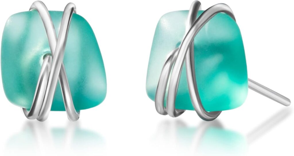 Sea Glass Earrings S990 Sterling Silver Hypoallergenic Handmade Stud Post Earrings Beach Glass Fashion Statement Handcraft Jewelry for Women Girls