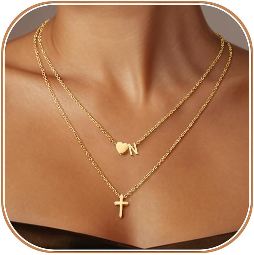 Cross Necklace, Layered Initial Necklaces for Women,Dainty 18K Real Gold Plated Heart Initial Necklace, Personalized Gifts for Women Teen Jewelry