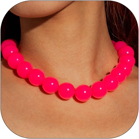 Colorful Chunky Beaded Necklace for Women Colorful Acrylic Round Beaded Choker Necklace Fashion Adjustable Neon Resin Large Round Beads Necklaces Handmade Summer Costume Party Jewelry