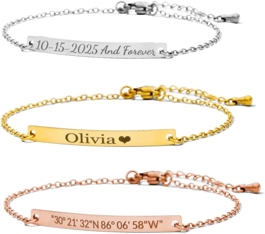 Personalized Name Engraved Bracelet for Women/Men – PVD Gold Plated Stainless Steel – Non Tarnish – Custom ID Tag – Adjustable Chain – Double Side Engraving