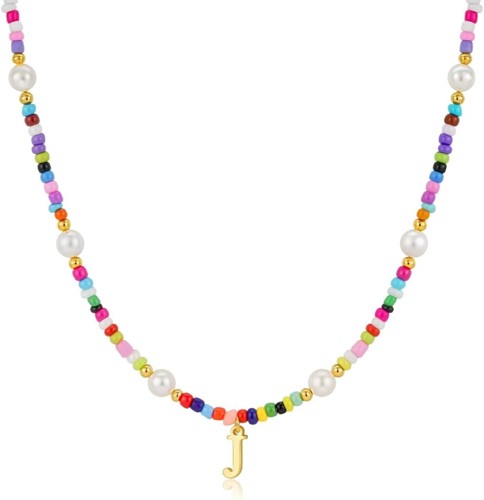 M MOOHAM Colorful Initial Necklaces for Girls – Beaded Pearl Choker Necklace for Women Teen Girl Colorful Summer Boho Necklace Jewelry, Trendy Personalized Letter Initial Gifts Birthday Gifts Kids