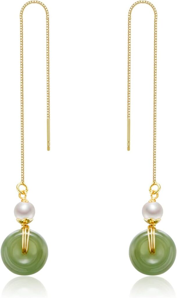 Natural Hetian Jade Dangling Earrings for Women Lucky Handmade Earrings Natural Bead Pendant Drop Earrings Green Long Wire Bridal Jade Jewelry