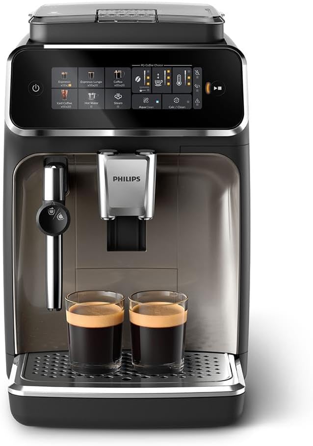 Philips 3300 Series Fully Automatic Espresso Machine – 5 Hot & Iced drinks, 40% Quieter SilentBrew, Ceramic Grinder, Aquaclean Filter, Black Chrome (EP3326/90)