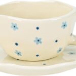 Koythin Ceramic Coffee Mug with Saucers, Handmade Flowers Mugs, Cute Cup for Girl Women, Aesthetic Tea Milk Cup with Handle, 8.5 oz/250 ml for Latte, Cocoa, Office, Home (Dot Blue Flower)