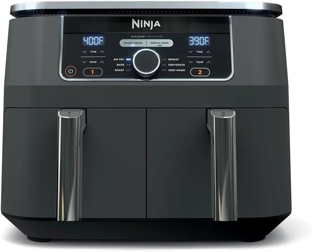 Ninja AD150 Foodi 8 Quart 6-in-1 DualZone 2-Basket Air Fryer with 2 Independent Frying Baskets, Match Cook & Smart Finish to Roast, Broil, Dehydrate & More for Quick, Easy Meals, Black (Renewed)
