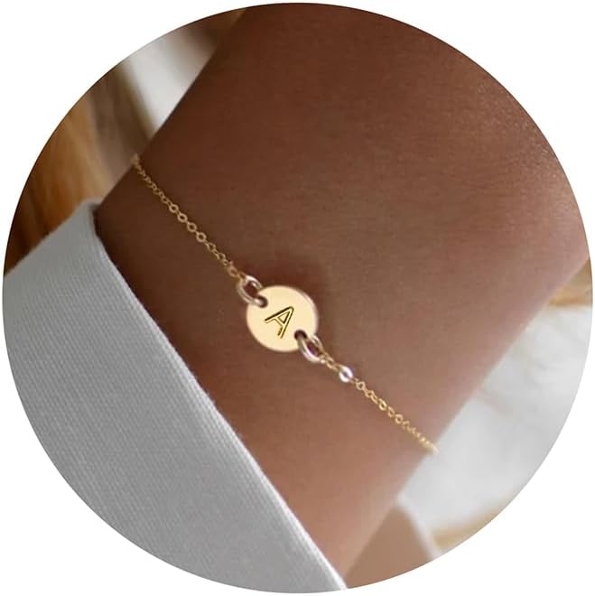 18K Gold Plated Stainless Steel Initial Bracelet Personalized Letter Charm Bracelet Small Dainty Disc Monogram Name Bracelet for Women