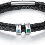 Personalized Mens Braid Bracelet Custom Bracelet with 1-8 Engraved Beads Family Names Jewelry Gifts for Men Father’s day