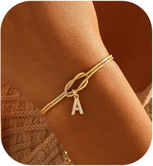 Initial Bracelet for Women Dainty 14k Gold Letter A-Z Bracelets for Women Non Tarnish Cute Thin Waterproof Knot Bracelets with Initials Jewelry Gift