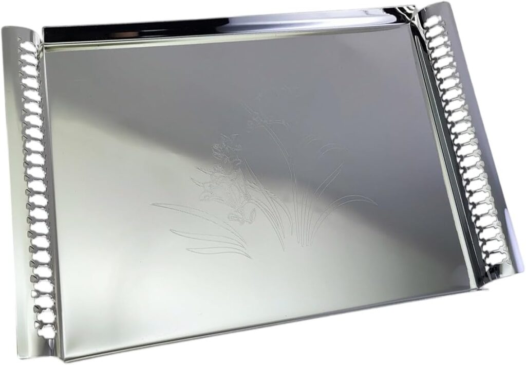 16.3 inch x 9.3 inch Rectangular Chrome Plated Silver Serving Tray with Handles Stylish Floral Engraved Decorative Party Wedding Dessert Buffet Decor Platter Plate NC-028
