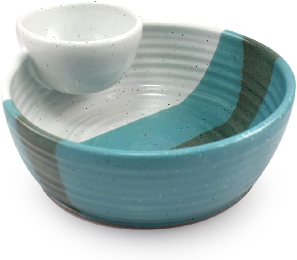 Modern Artisans American Handmade Stoneware Pottery Deep-Dish Chip and Dip Bowl, Frosted Teal Collection