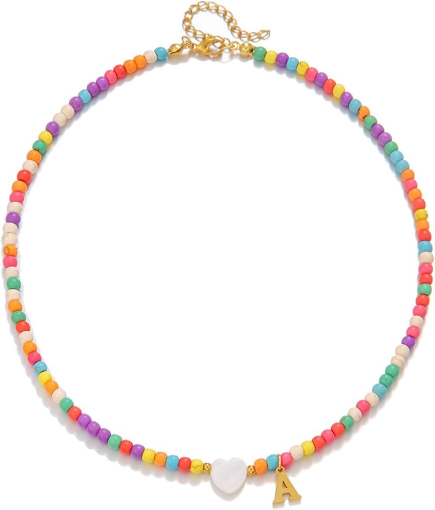 Colorful Initial Cute Necklaces for Wowen Girls – Trendy Beaded Choker Necklace for Teen Girl, Personalized Letter Initial Gifts for Daughter Teen Jewelry Birthday Gifts