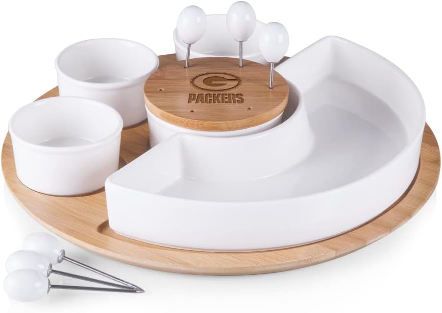 PICNIC TIME NFL Symphony Appetizer Serving Tray Set, Party Platter Set, Appetizer Plate, (Bamboo & White Ceramic)