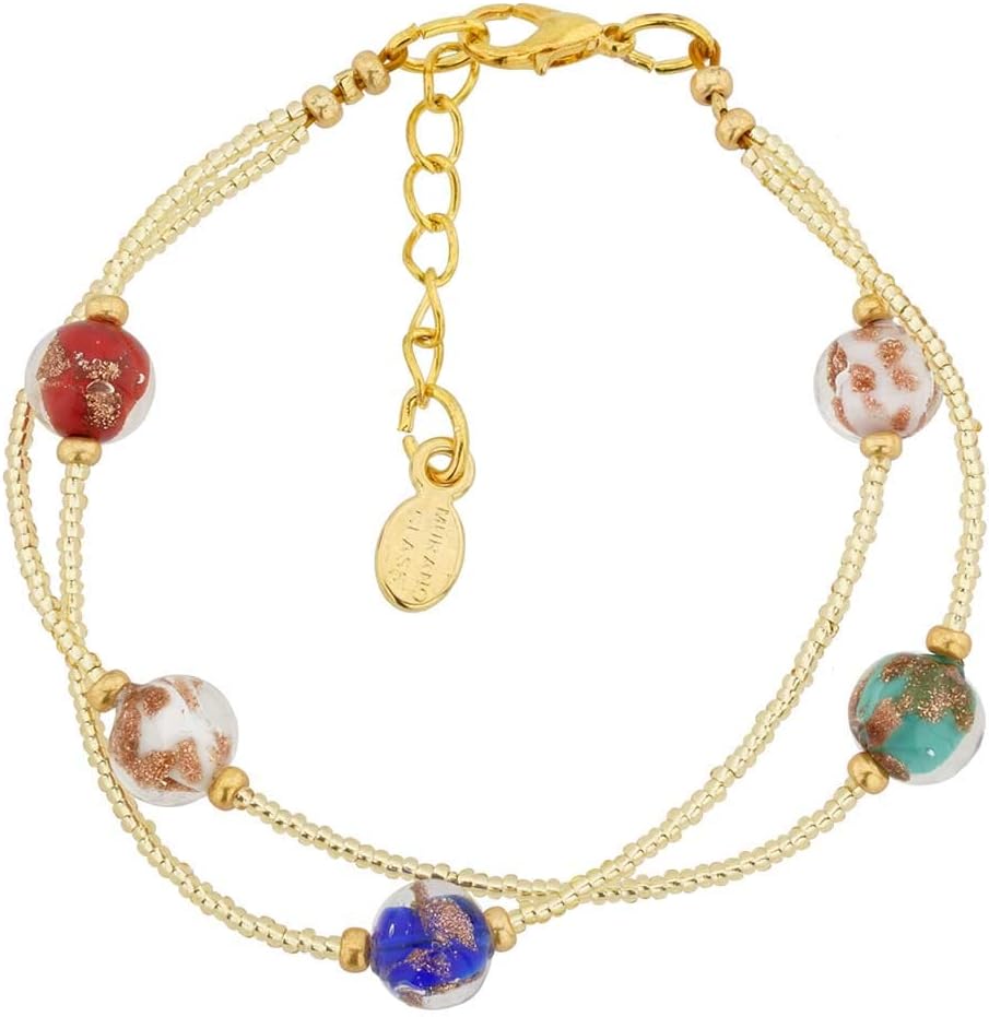 Venice Aurora Murano Glass Bracelet Multicolor Handmade with Italian Sparkling Beads and 24K Gold-Lined Beads. Made in Venice, Italy. Murano Glass Bracelet for Women.