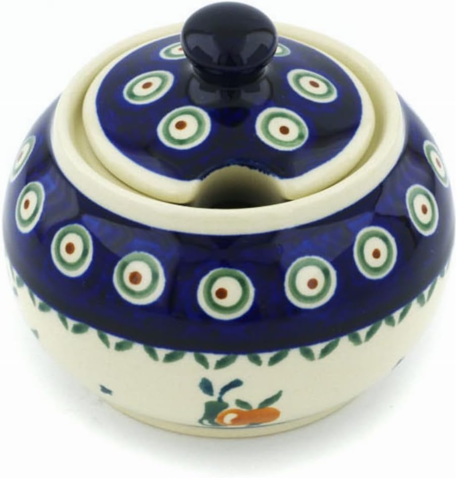Authentic Polish Pottery Sugar Bowl 10 oz in Apple Pears Design Handmade in Bolesławiec Poland + Certificate of Authenticity