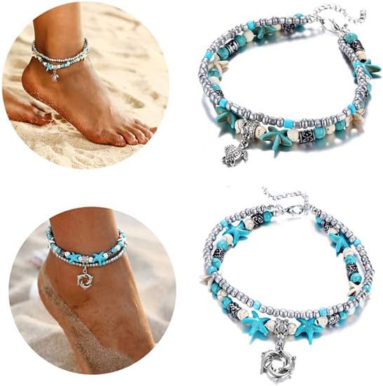 ASHMITA Blue Turtle Ankle Bracelet Set Multilayer Beads Handmade Boho Beach Anklet Foot Jewelry Women
