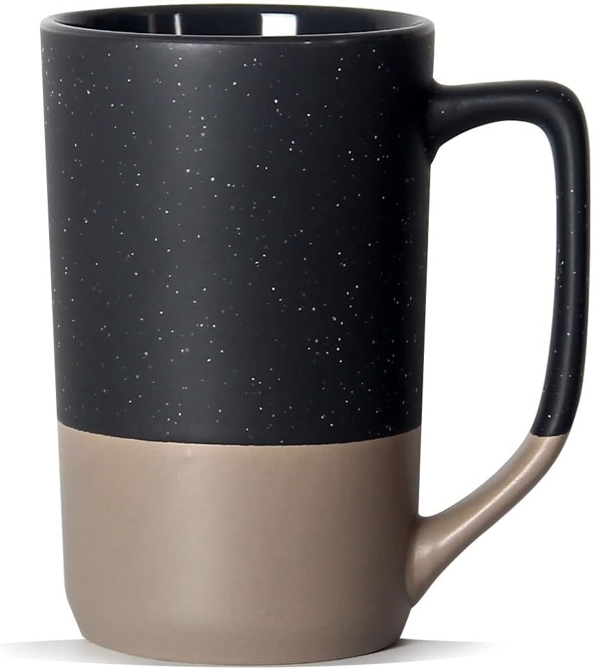 16 OZ Large Coffee Mug, Two Color Combination Big Ceramic Tea Cup with Square Handle with White Speckled for Men Women Restaurant Home Office Hot Drinks, Grey