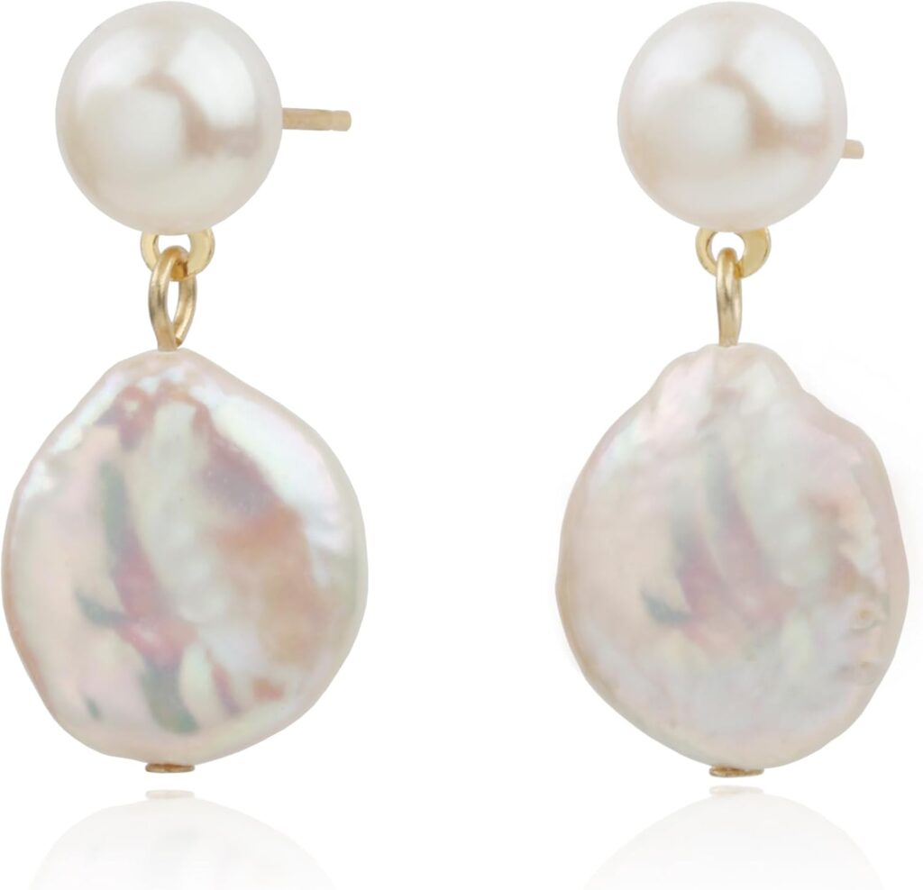 Handmade Freshwater Cultured Coin Pearl Dangling Drop Earrings for Women, 14K Gold Plated