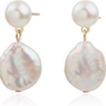 Handmade Freshwater Cultured Coin Pearl Dangling Drop Earrings for Women, 14K Gold Plated