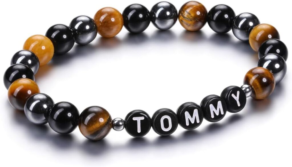 Zysta Personalized Beads Bracelets for Men Customized Gemstone Beads Bracelet with Name Text Custom Initial Chakra Stone Stretch Bracelet Custom ID Family Names Jewelry for Men Women