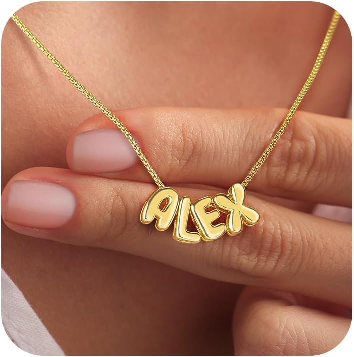 Custom Bubble 3D Letter Necklace Personalized Name Necklace 14K Gold Graduation Gifts Initial Necklace Dainty Charm Balloon Handmade Jewelry for Women Customized Alphabet Pendant A-Z