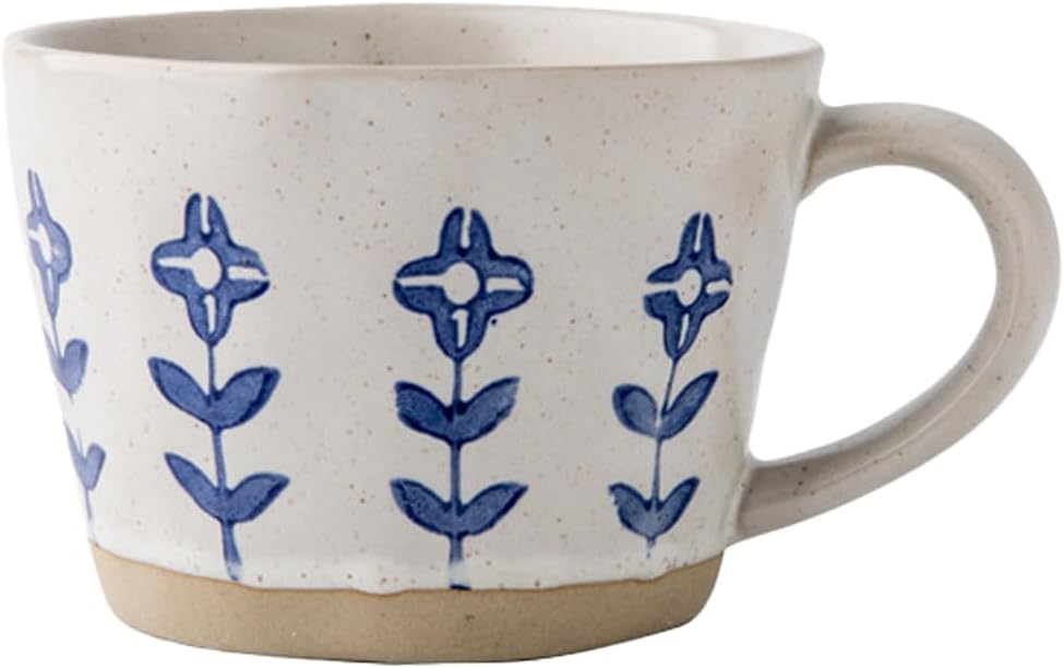Ceramic Mugs for Men & Women, Unique Microwave & Dishwasher Safe Tea/Coffee Rustic Stoneware Cups for Office & Home(Blue Floral Mug)