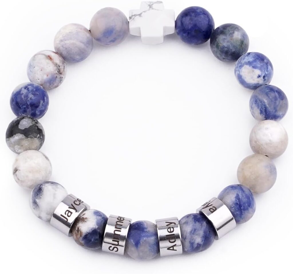 Custom Name Bracelet, Personalized Beaded Bracelets with 1-4 Engraved Names, Natural Stone Bracelet for Women, Meaningful Gifts for Wife Mom Friends