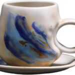 10oz Unique Vintage Retro Japanese Handmade Ceramic Cappuccino Barista Cup with Saucer – Artisanal Stoneware Coffee Mug, Lead-Free Latte Art Mug (1, White)