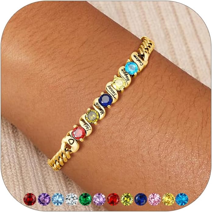 Custom4U Personalized Birthstone Bracelets for Women Silver/Gold Custom Cuban Link Chain Name Bracelet with 1-5 Birthstones Birthday Mother’s Day Christmas Jewelry Gifts for Her Mom Wife Grandma