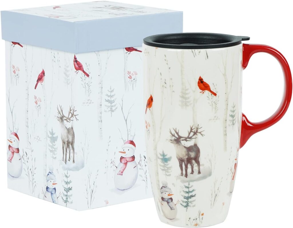 Christmas Ceramic Coffee Mug Holiday Travel Cup with Handle & Lid, 17oz Tall Latte Cup for Home & Office, Xmas Reindeer & Cardinal Gift Cup