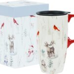 Christmas Ceramic Coffee Mug Holiday Travel Cup with Handle & Lid, 17oz Tall Latte Cup for Home & Office, Xmas Reindeer & Cardinal Gift Cup