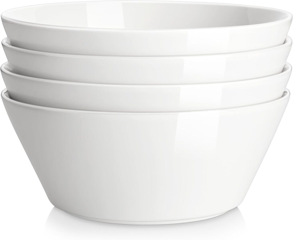 MALACASA Large Salad & Soup Bowls – Set of 4, 60 OZ Porcelain White Bowls for Ramen, Pasta, Pho – Microwave & Dishwasher Safe