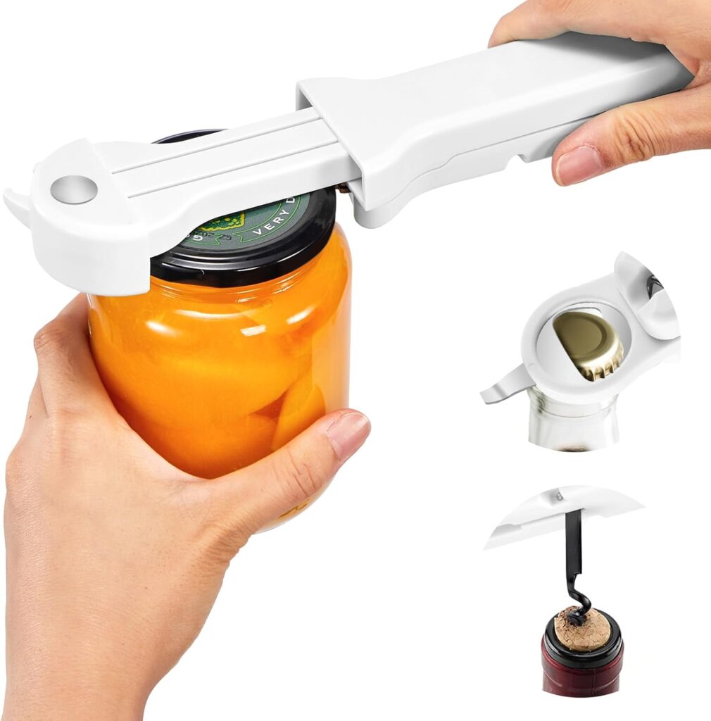 Jar Opener Bottle Opener and Lid Opener for Seniors with Arthritis, Weak Hands, Multi 7 in 1 Retractable Magnetic Can Opener, Original Kitchen Wine Opener Gadgets (White)