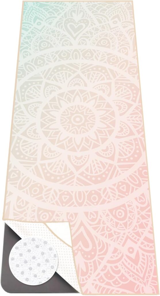 Colorful Star Yoga Towel with Corner Pockets, Non Slip Grip Dots Sweat Absorbent Hot Yoga Mat Towels, Soft Yoga Blankets with Travel Bag, Mat Cover for Workout, Gym, Fitness – 70″x26″, Pink Mandala