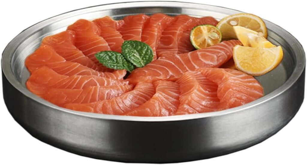 Stainless Steel Chilled Serving Tray with Ice Chamber – Silver Platter for Shrimp Cocktails and Party Fruit Buffets – Appetizer Tray Food-Grade Dip Bowl for Hot/Cold Preservation (11in)